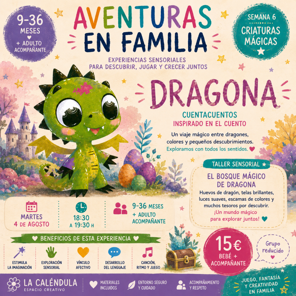 Cuentacuentos sensorial para bebés inspirado en el cuento Dragona. Experiencia de exploración de criaturas mágicas, dragones y juego sensorial para bebés de 9 a 36 meses acompañados por un adulto.