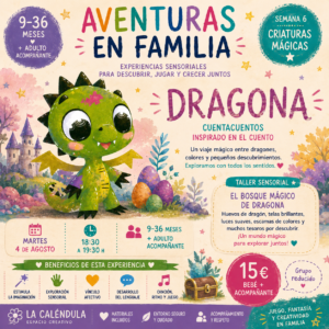 Cuentacuentos sensorial para bebés inspirado en el cuento Dragona. Experiencia de exploración de criaturas mágicas, dragones y juego sensorial para bebés de 9 a 36 meses acompañados por un adulto.