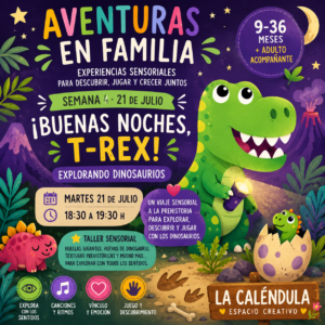 Cuentacuentos sensorial para bebés inspirado en el libro Buenas noches, T-Rex. Experiencia de exploración de dinosaurios para bebés de 9 a 36 meses acompañados por un adulto.