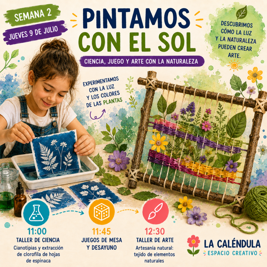 Niños realizando cianotipias con hojas y flores mediante luz solar y creando un telar artístico con elementos naturales en un taller de ciencia y arte.