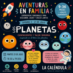 Cuentacuentos sensorial para bebés inspirado en el libro Los planetas. Experiencia de exploración del espacio, las estrellas y los planetas para bebés de 9 a 36 meses acompañados por un adulto.