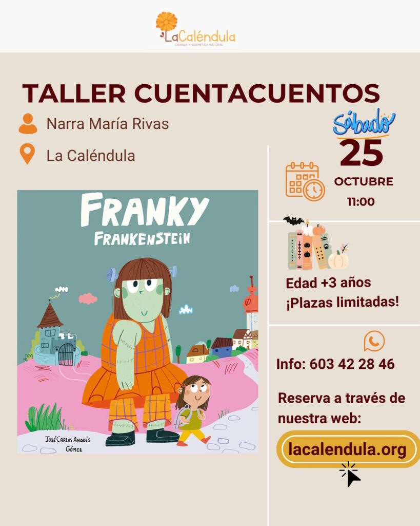 Cuentacuentos Franky Frankenstein de José Carlos Andrés, ilustrado por Gómez y editado por NubeOcho, con portada colorida y temática de Halloween en La Caléndula.