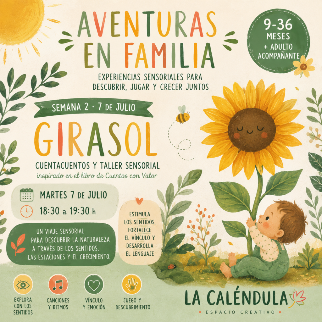 Cuentacuentos sensorial para bebés inspirado en el cuento Girasol. Experiencia de exploración de la naturaleza, las flores y los sentidos para bebés de 9 a 36 meses acompañados por un adulto.