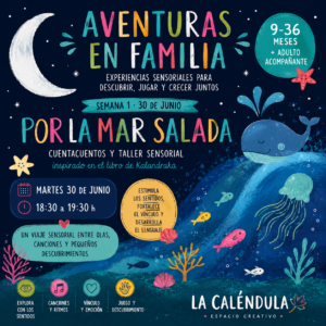 Cuentacuentos sensorial para bebés inspirado en Por la mar salada de Kalandraka. Experiencia de exploración sensorial sobre el océano para bebés de 9 a 36 meses acompañados por un adulto.