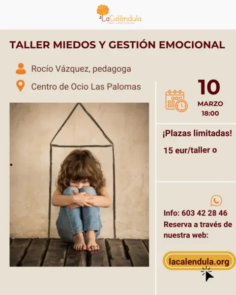Cartel de taller sobre miedos y gestión emocional con una niña sentada abrazando sus piernas dentro de un dibujo de casa.
