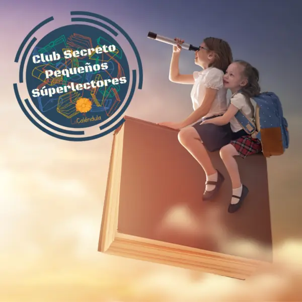 Cartel infantil con dos niñas sentadas sobre un libro gigante mirando con un telescopio para promocionar un club de lectura infantil.