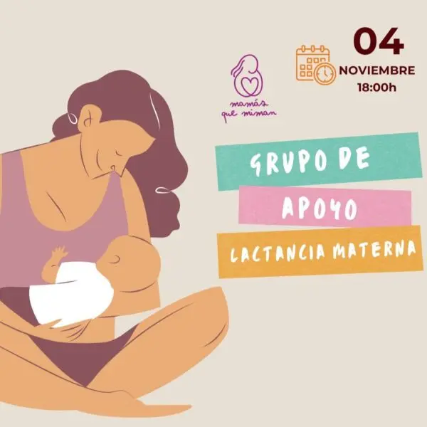 Cartel ilustrado de grupo de apoyo a la lactancia materna con madre sentada amamantando a su bebé.