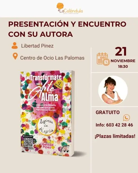 Cartel de presentación de libro con portada colorida titulada Transformate con Arte Alma y datos del evento.