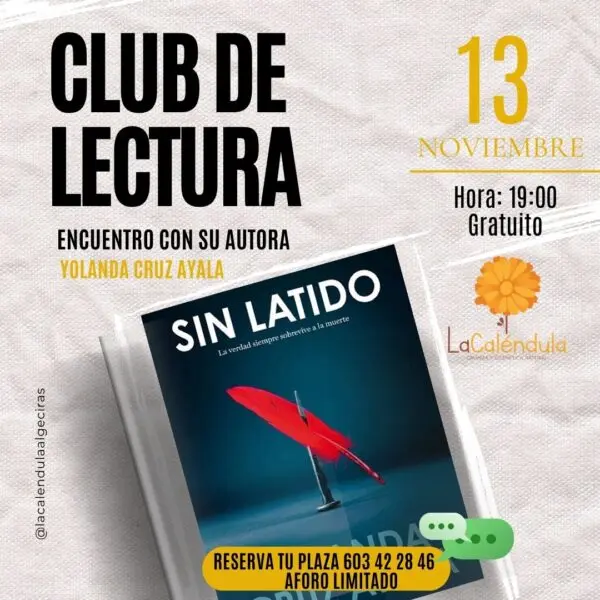 Cartel de club de lectura con la portada del libro Sin latido y fecha del encuentro.