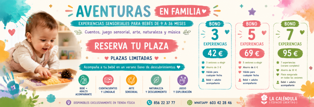 Bonos de Aventuras en Familia para bebés de 9 a 36 meses acompañados por un adulto. Opciones de 3, 5 o 7 experiencias sensoriales para disfrutar en familia durante el verano.