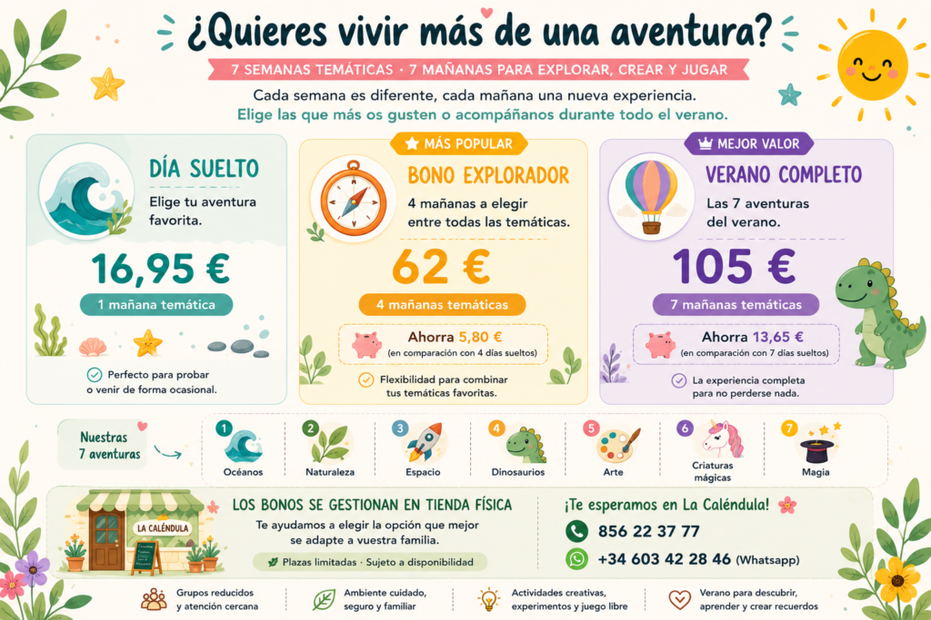 Bonos de Verano Creativo de La Caléndula con opciones de día suelto, Bono Explorador de 4 mañanas y Verano Completo de 7 semanas temáticas para niños de 4 a 6 años.