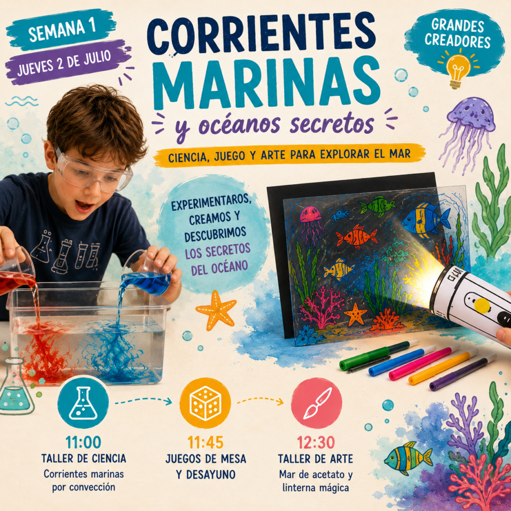 Taller de ciencia y arte para niños donde experimentan con corrientes marinas por convección y crean un fondo marino interactivo con una linterna mágica.
