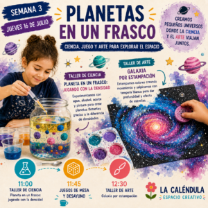 Taller espacial para niños donde experimentan con la densidad creando planetas flotantes en un frasco y realizan una galaxia artística mediante estampación.