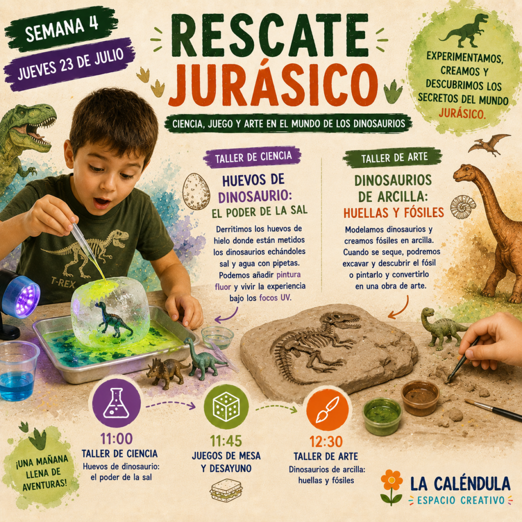 Taller dinosaurios para niños donde rescatan dinosaurios atrapados en hielo mediante experimentos con sal y crean fósiles y huellas utilizando arcilla.