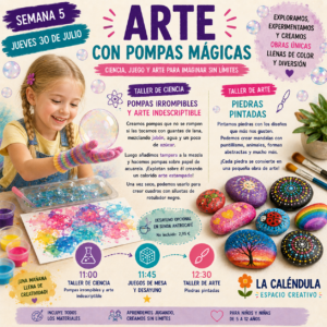 Taller de arte para niños creando estampaciones con pompas de colores y decorando piedras pintadas con mandalas y diseños creativos.
