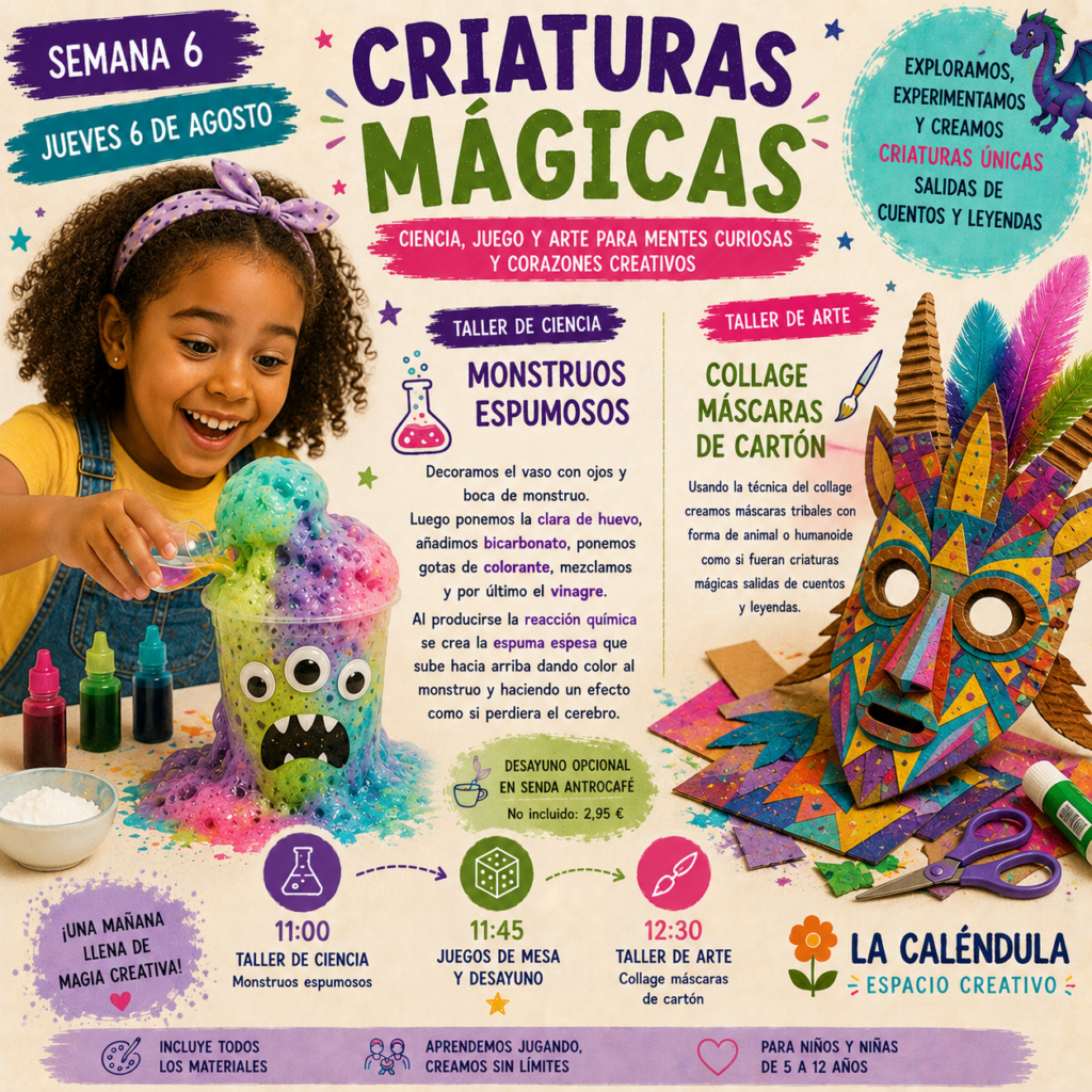 Taller de ciencia para niños realizando un experimento de monstruos espumosos con una reacción química y creando máscaras de criaturas mágicas mediante collage.