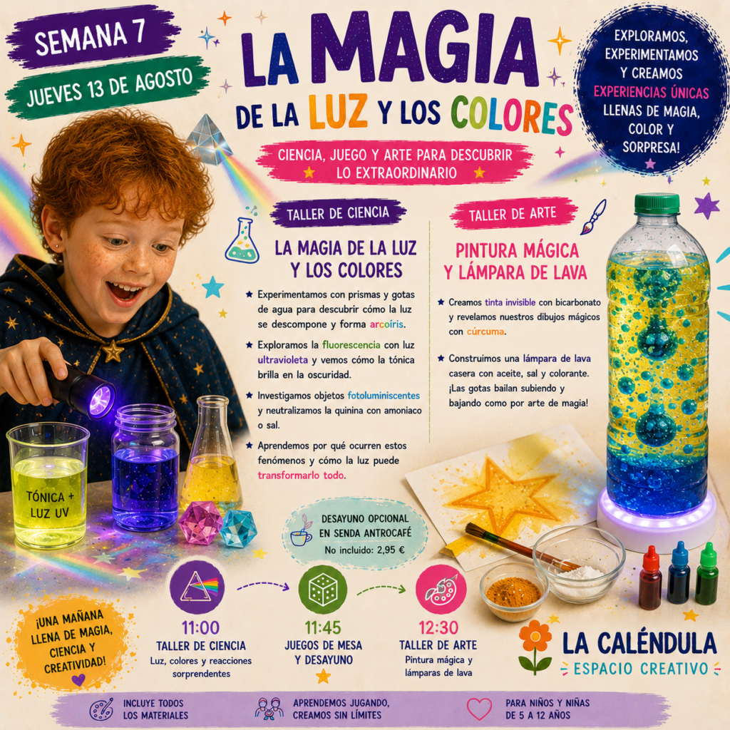 Taller de ciencia para niños explorando la luz, los arcoíris y la fluorescencia mientras crean pintura mágica y una lámpara de lava casera en una botella reciclada.
