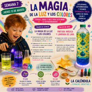 Taller de ciencia para niños explorando la luz, los arcoíris y la fluorescencia mientras crean pintura mágica y una lámpara de lava casera en una botella reciclada.