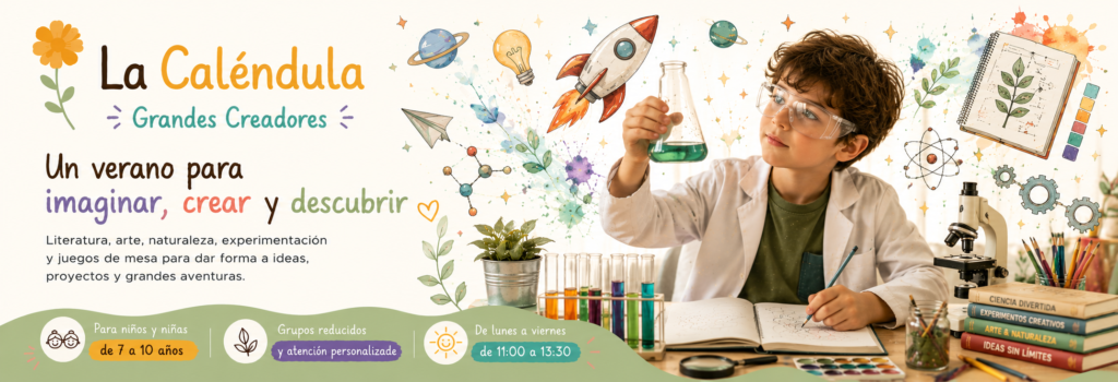 Niño realizando experimentos científicos y proyectos creativos en el programa Grandes Creadores de La Caléndula para niños y niñas de 7 a 10 años.