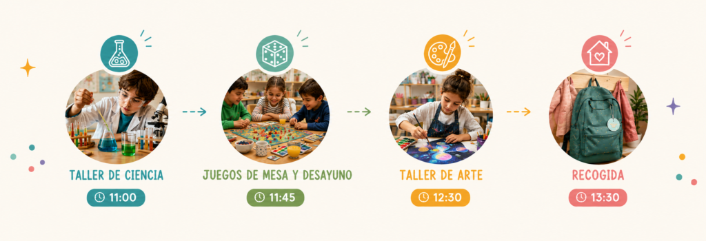 Ruta de actividades de la mañana en Grandes Creadores: taller de ciencia, juegos de mesa y desayuno, taller de arte y recogida.