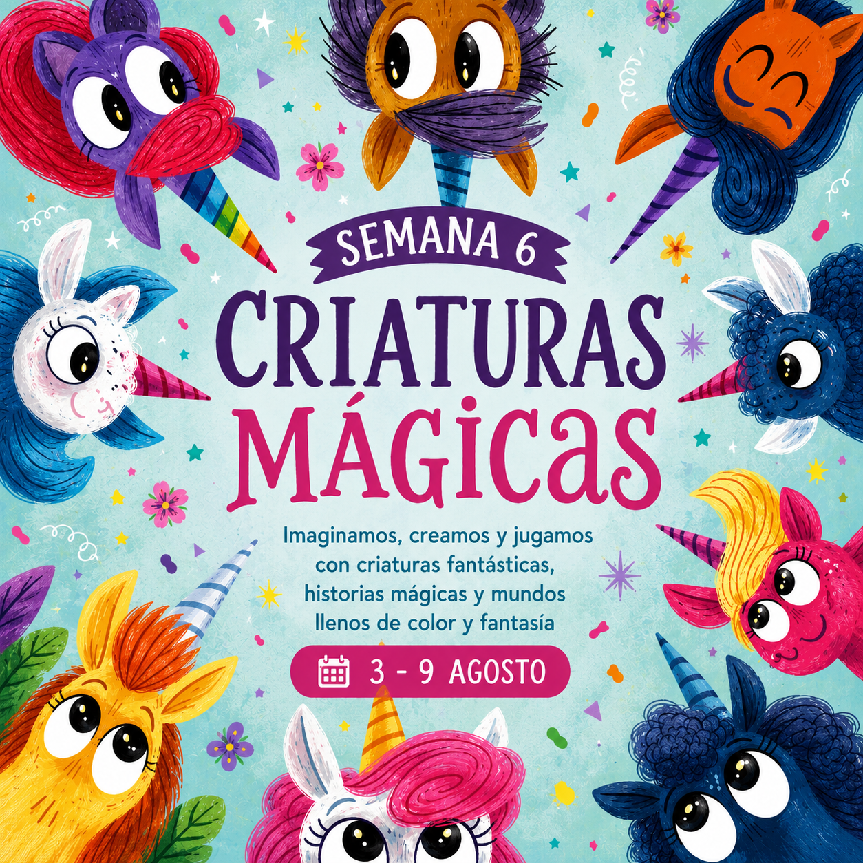 Ilustración de la Semana Criaturas Mágicas de Verano Creativo en La Caléndula inspirada en álbumes ilustrados sobre unicornios, seres fantásticos y mundos imaginarios.