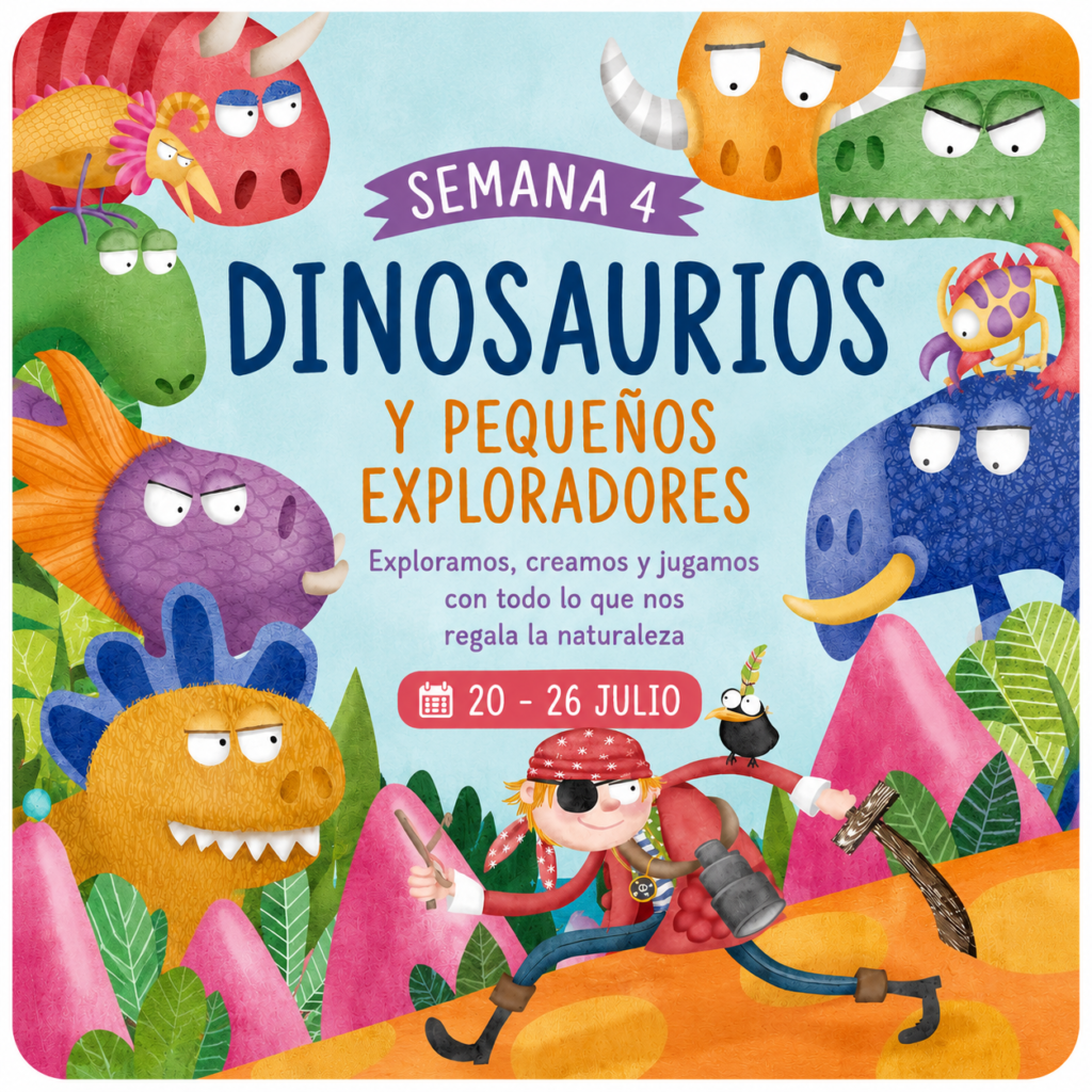 Ilustración de la Semana Dinosaurios y Fósiles de Verano Creativo en La Caléndula inspirada en álbumes ilustrados sobre dinosaurios y exploración prehistórica.