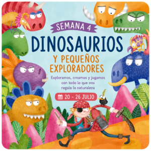 Ilustración de la Semana Dinosaurios y Fósiles de Verano Creativo en La Caléndula inspirada en álbumes ilustrados sobre dinosaurios y exploración prehistórica.