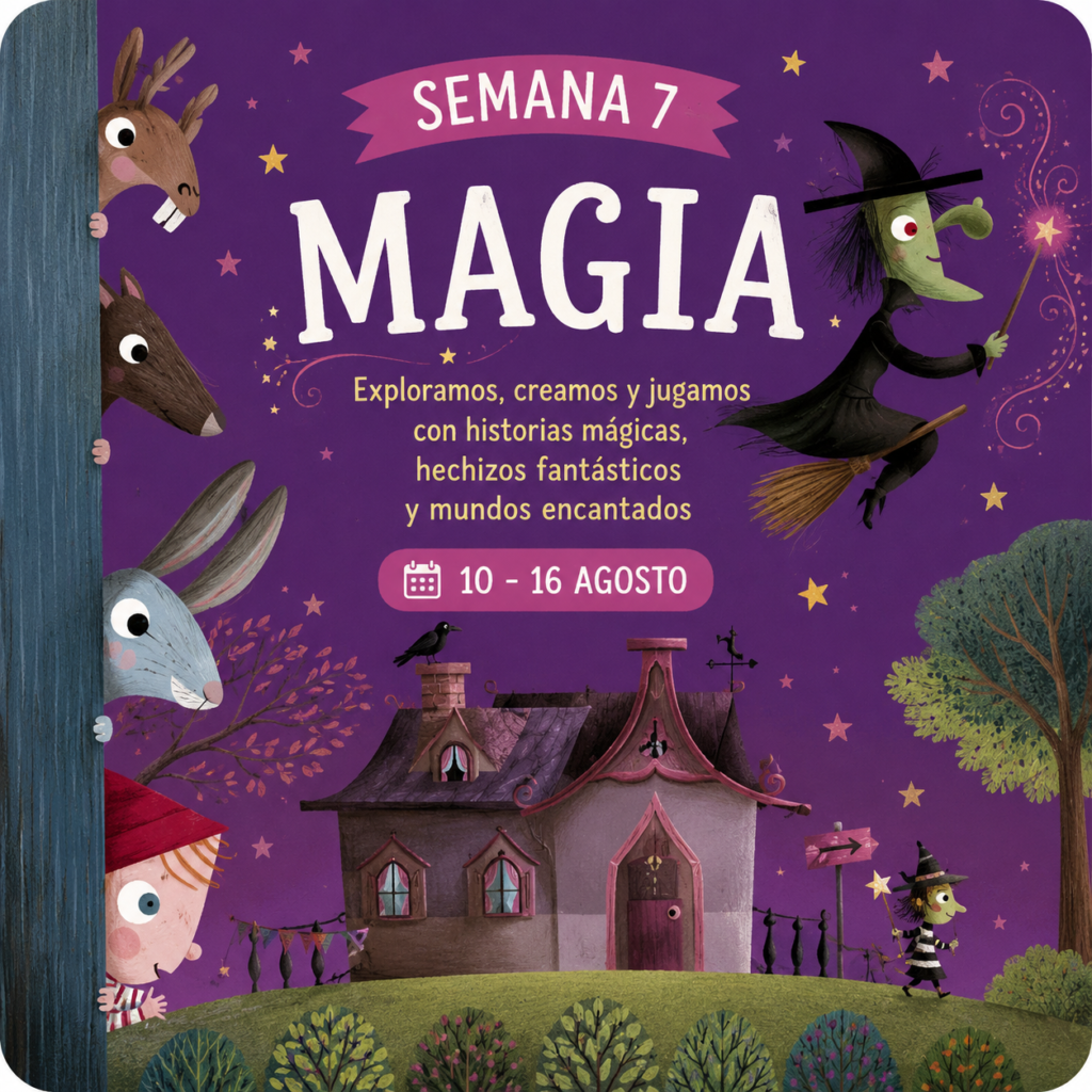 Ilustración de la Semana Magia y Hechizos de Verano Creativo en La Caléndula inspirada en álbumes ilustrados sobre brujas, casas encantadas y mundos mágicos.