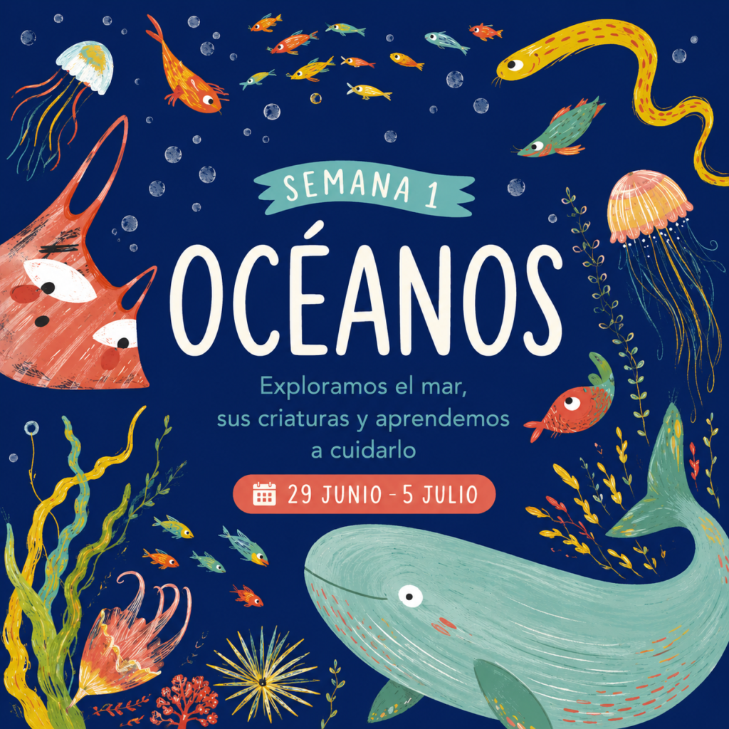 Ilustración de la Semana Océanos de Verano Creativo en La Caléndula con animales marinos, medusas, peces y ballena.