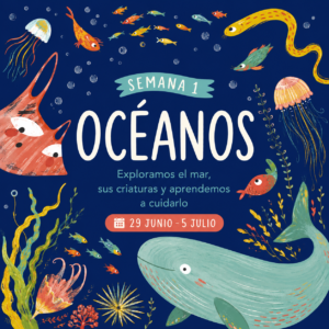 Ilustración de la Semana Océanos de Verano Creativo en La Caléndula con animales marinos, medusas, peces y ballena.