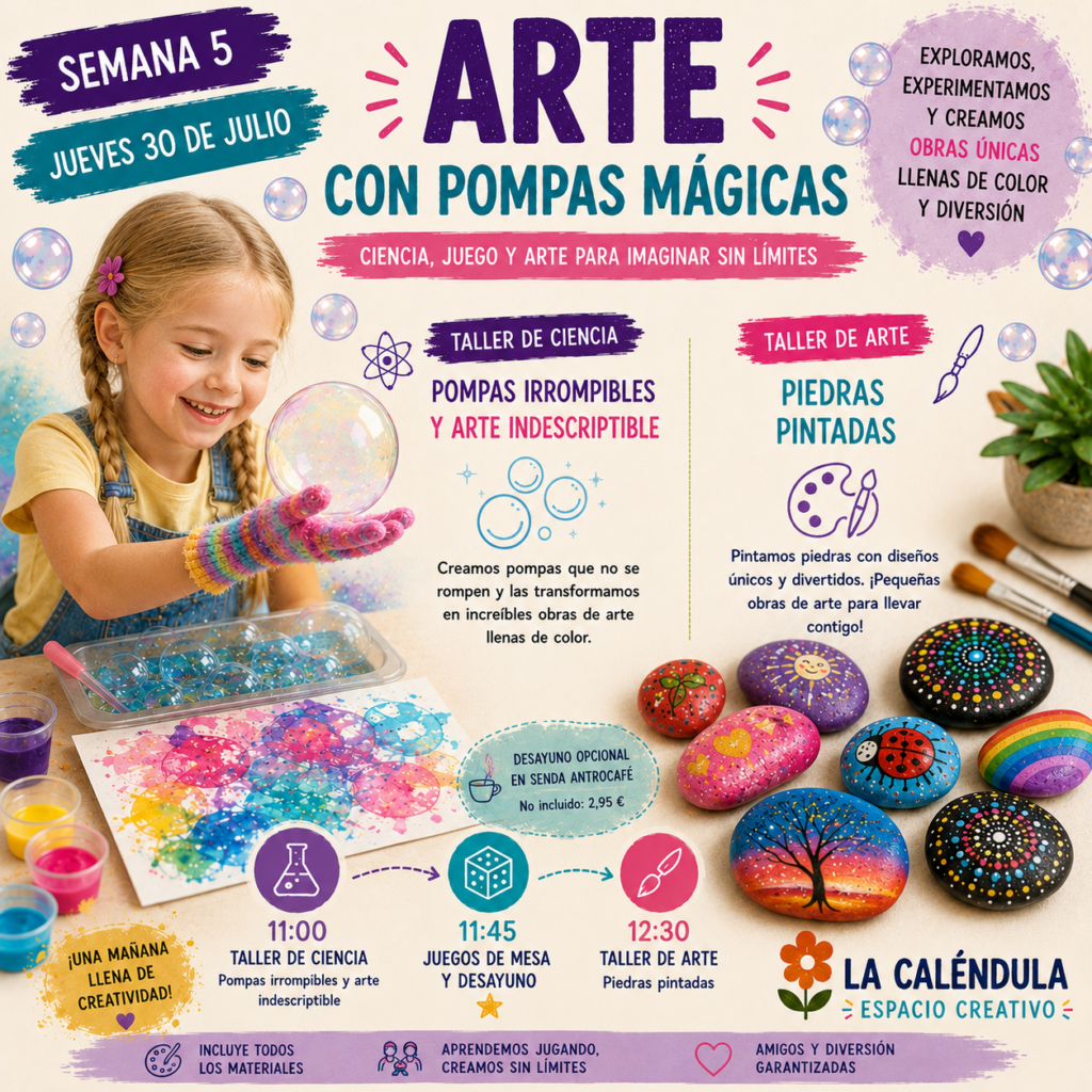 Taller de arte para niños creando estampaciones con pompas de colores y decorando piedras pintadas con mandalas y diseños creativos.