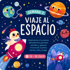 Ilustración de la Semana Viaje al Espacio de Verano Creativo en La Caléndula inspirada en el álbum ilustrado Clementina y los planetas.