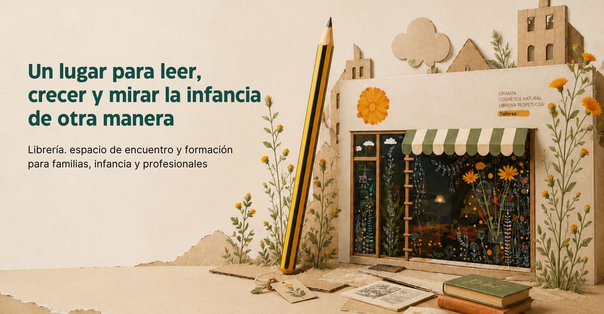 Escenografía artesanal de la librería La Caléndula entre flores, libros y elementos de cartón.