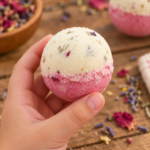 Mano infantil mostrando una bomba de baño rosa y crema con detalles botánicos